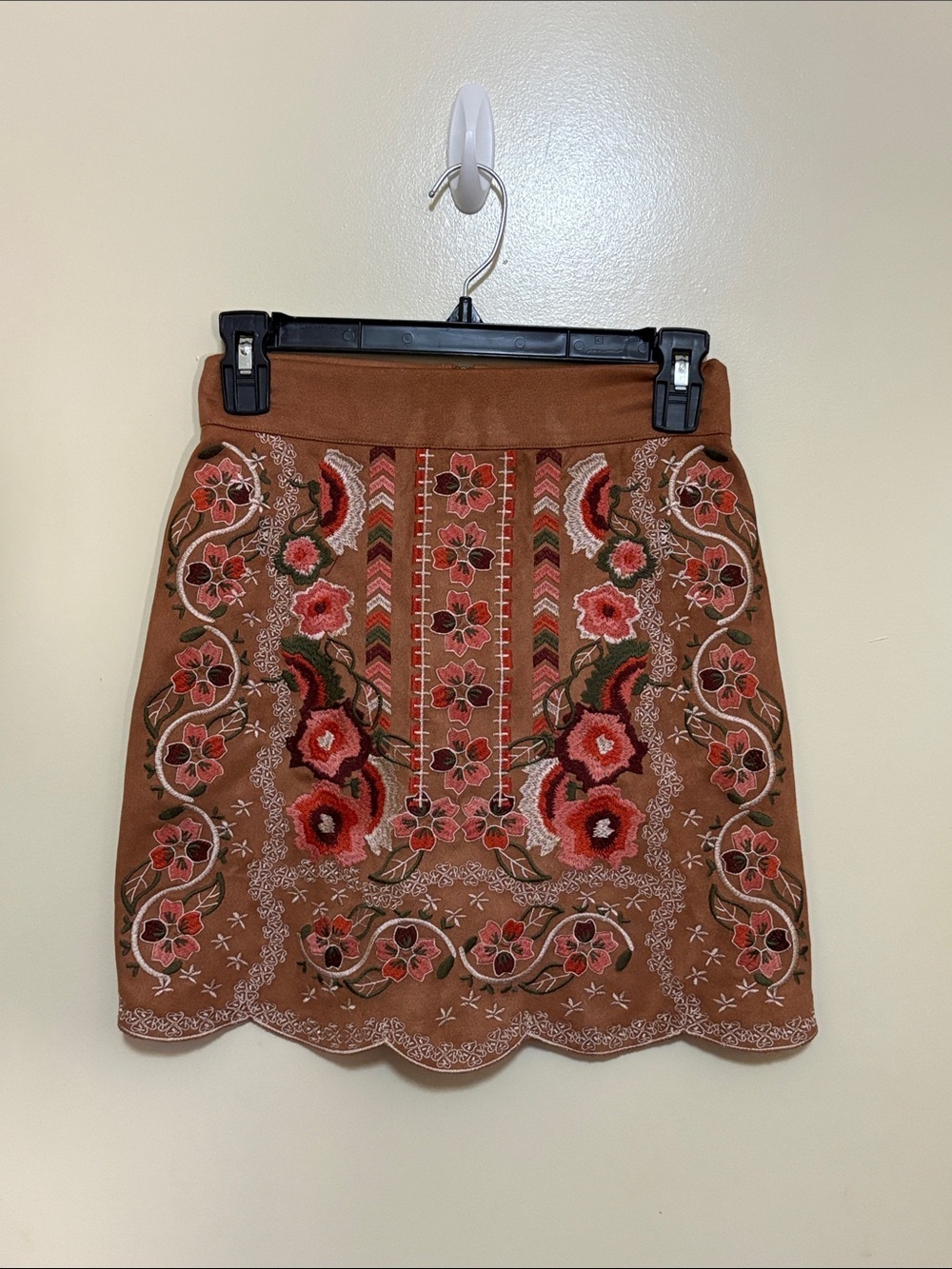 THML Brown Suede Embroidered Floral Mini Skirt with Scalloped Hem